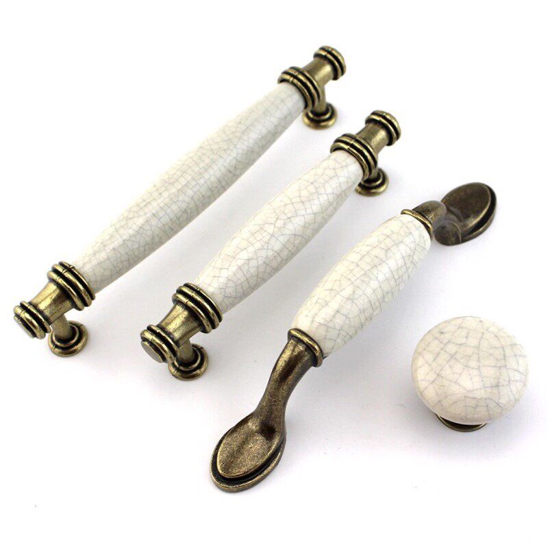 橱柜衣柜抽屉家具把手欧式田园美式仿古古铜裂纹陶瓷单孔拉手新品