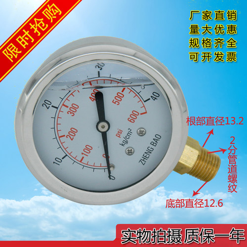 不锈钢耐震压力表管道 抗震防震压力显示表 YN60 16kg螺纹1/4psi