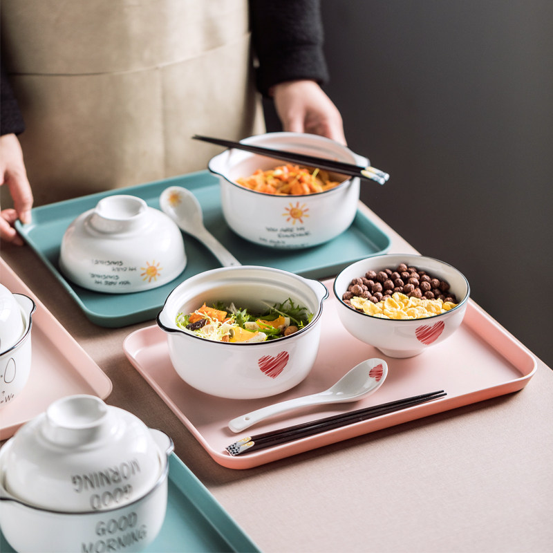泡面碗带盖陶瓷学生宿舍家用韩版ins风创意汤饭碗一人食碗筷套装