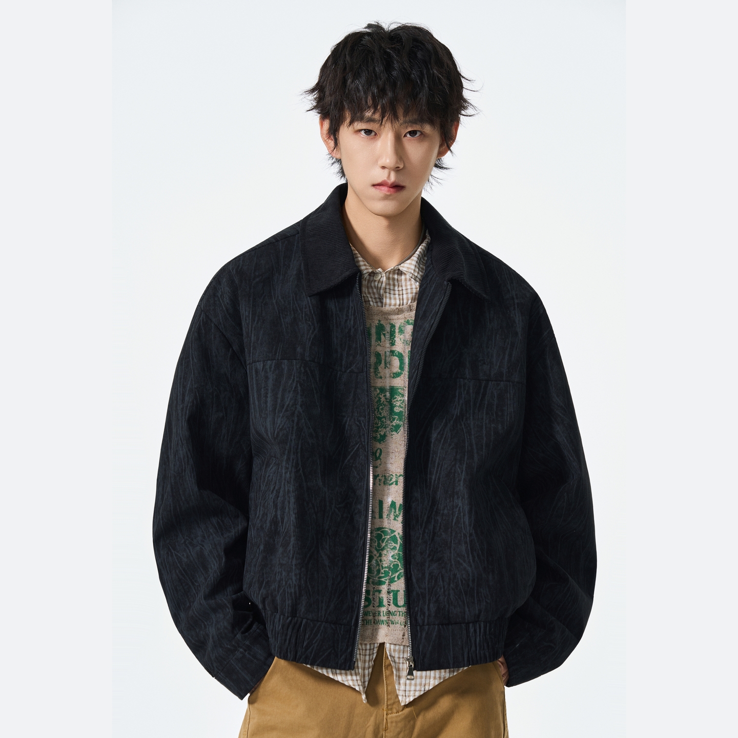 GD 2025秋季新款复古树皮纹扎染翻领工装夹克男国潮修身外套上衣