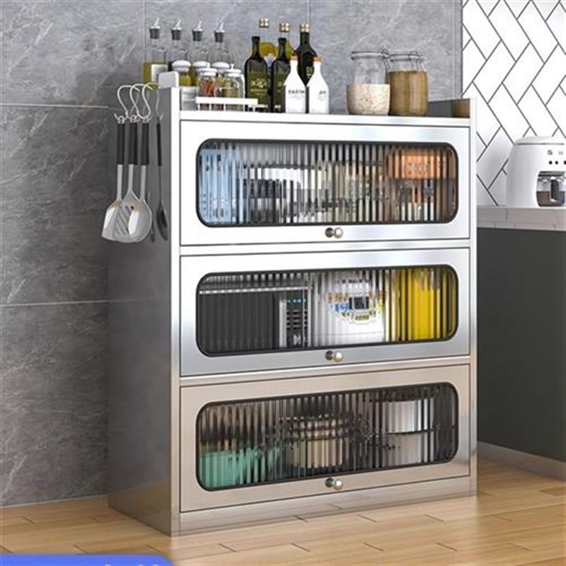 304不锈钢家用厨房碗柜上翻门餐D边柜多层网门餐柜厨房锅具收纳柜