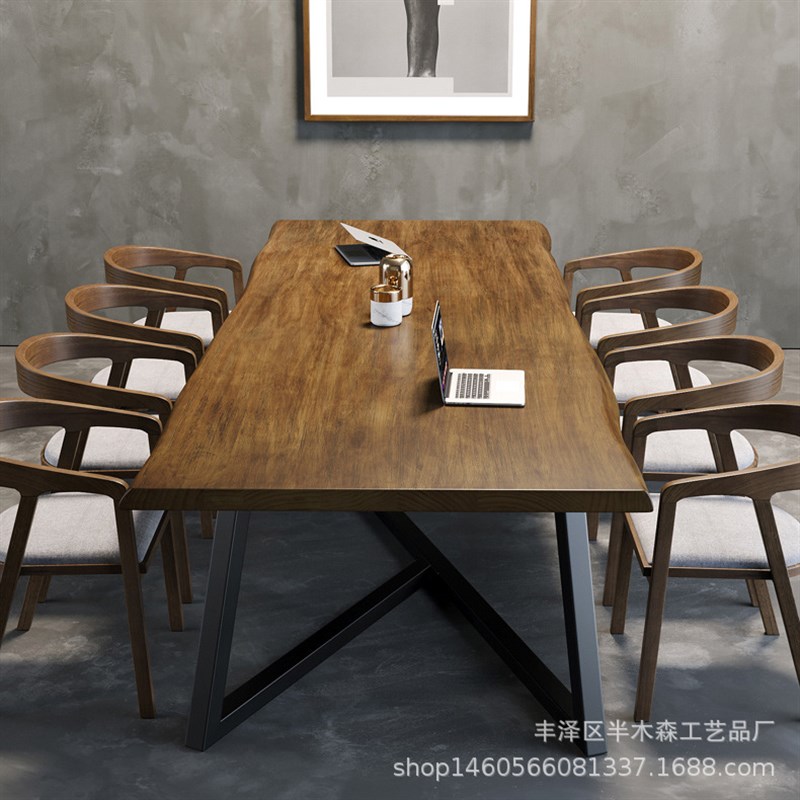 工业风复古休闲实木会议s桌椅简约工作室商用接待泡茶桌子胡桃木