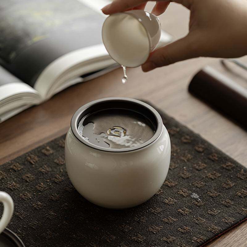 明泉茶斋羊脂玉茶渣缸建水带盖家用白瓷茶渣桶储水陶瓷茶盂废水茶