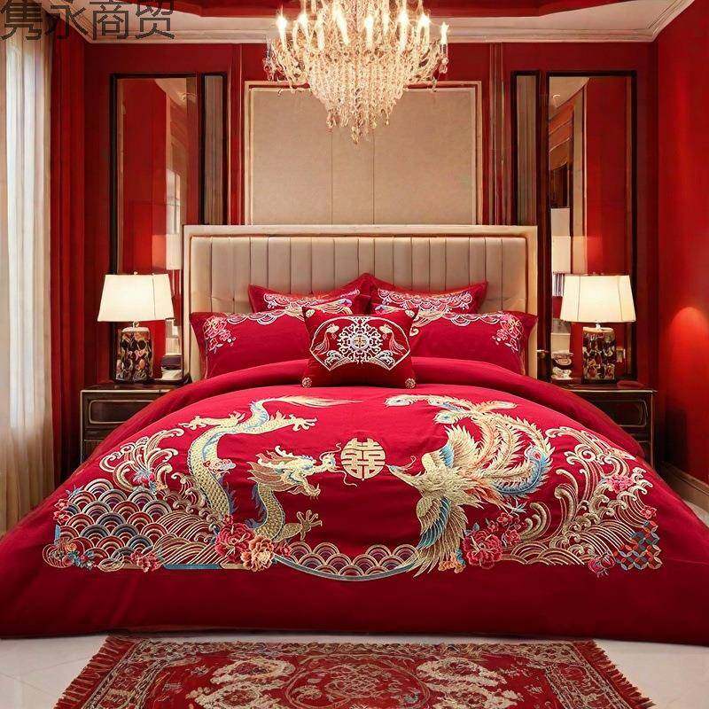 高档绣花大红色陪嫁刺绣婚庆四件套婚房中式龙凤结婚新婚喜被婚床