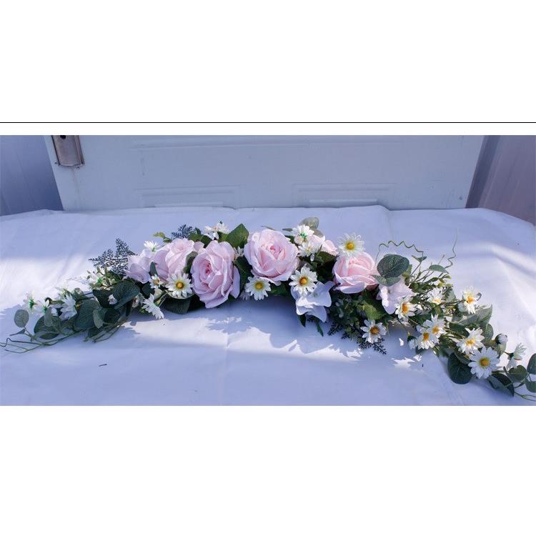 浅粉色玫瑰门楣门饰桌花长条75cm森系尤加利桌面墙壁装饰假花摆件