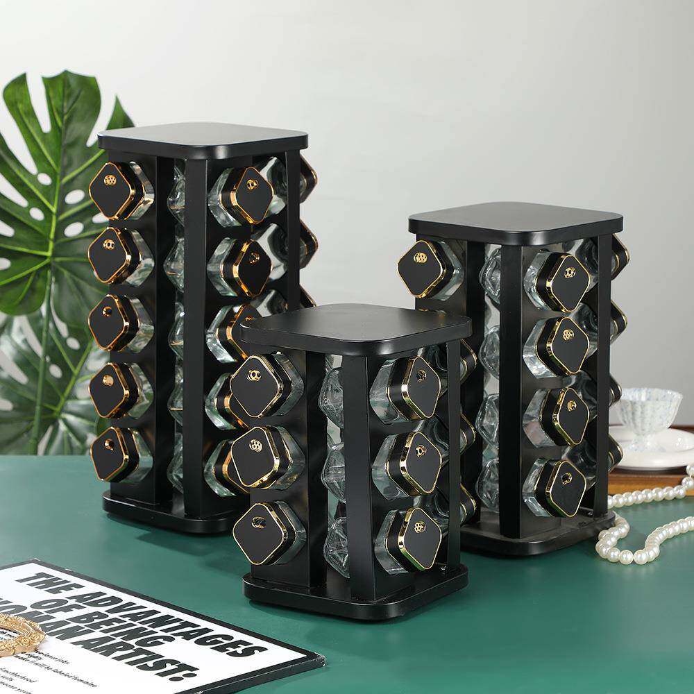 家用多功能调料架多层加厚方瓶调料瓶套装收纳架黑色旋转置物架子