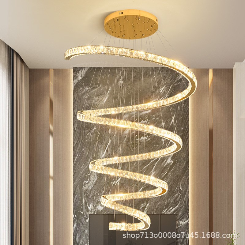 轻奢客厅水晶吊灯别墅p复式挑空旋转楼梯长吊灯环形大气酒店主灯