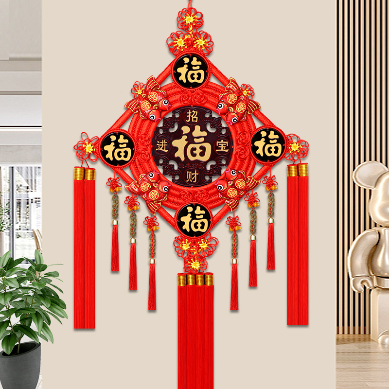 高档新款中e国结挂饰五福桃木客厅大号挂件新房乔迁背景墙玄关装