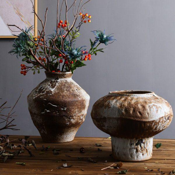 复古侘寂风粗陶圆形陶罐插花客厅装饰手工做旧陶瓷大肚子花瓶摆件,家居饰品,花瓶,淘宝优惠券,粉丝福利购,淘宝优惠卷