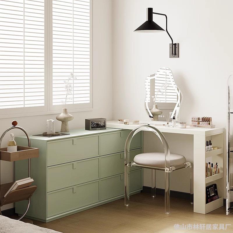 奶油风实木化妆桌卧室现代简约收纳柜转角床尾六斗柜一体梳妆台