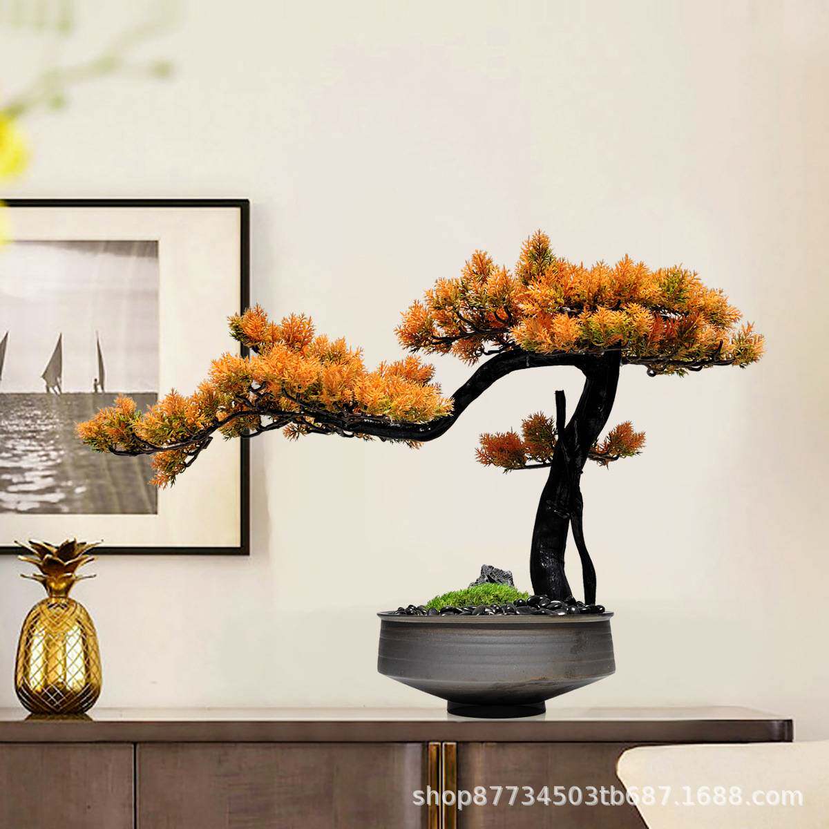 新中式迎客松摆件仿真绿植盆景样板间售楼处客厅玄关禅意软装饰品