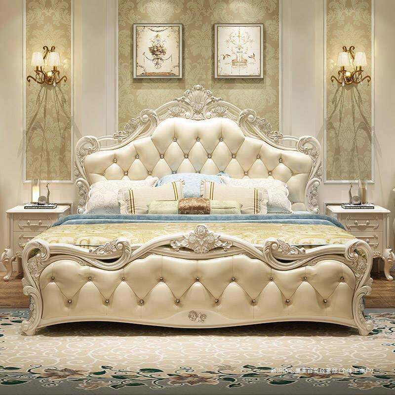 欧式床现代简约实木公主床简欧双人床粉色皮婚床主卧家具组合套装