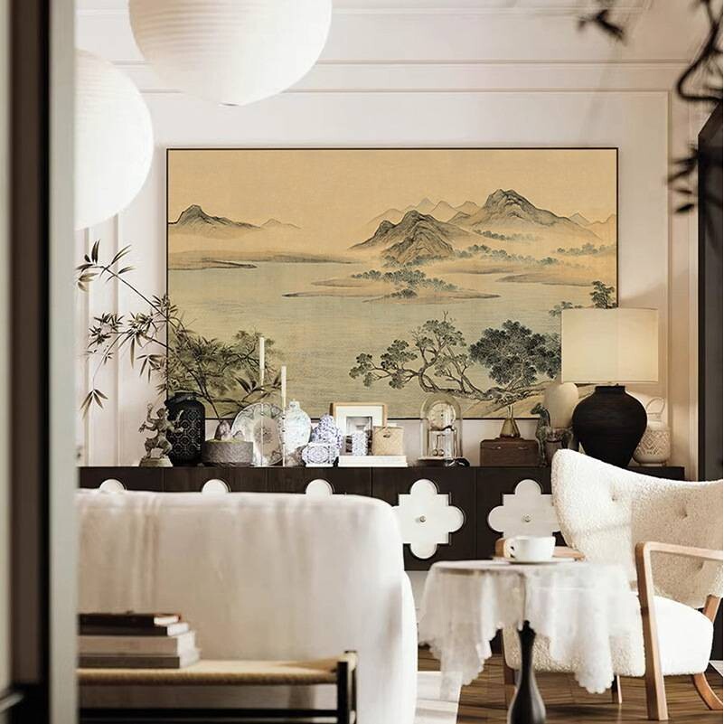 中古风山水装饰画客厅沙发背景挂画玄关卧室复古湖山春暖图壁画