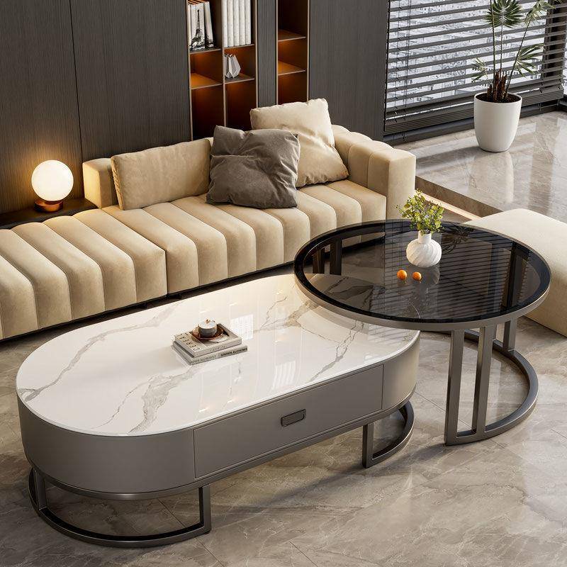 网红组合款岩板茶几家用轻奢客厅储物椭圆茶几伸缩圆茶几简约现代
