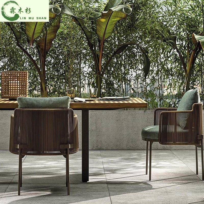 户外桌椅庭院酒店别墅防水防晒不锈钢藤椅室外藤编实木桌椅组合