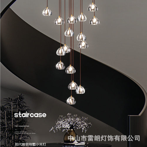 旋转楼梯间长吊灯后现代樱桃水晶复式loft别墅挑空大客厅全铜吊灯