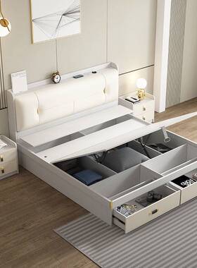 fLE白色轻奢气动高箱储物床现代简约卧室收纳小户型1.2米1.8米双