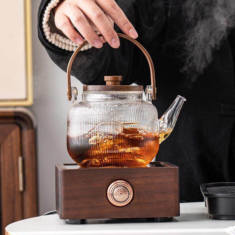 茶道围炉烤茶家用室内胡桃木电陶炉蒸茶器煮茶炉玻璃烧水茶壶套装