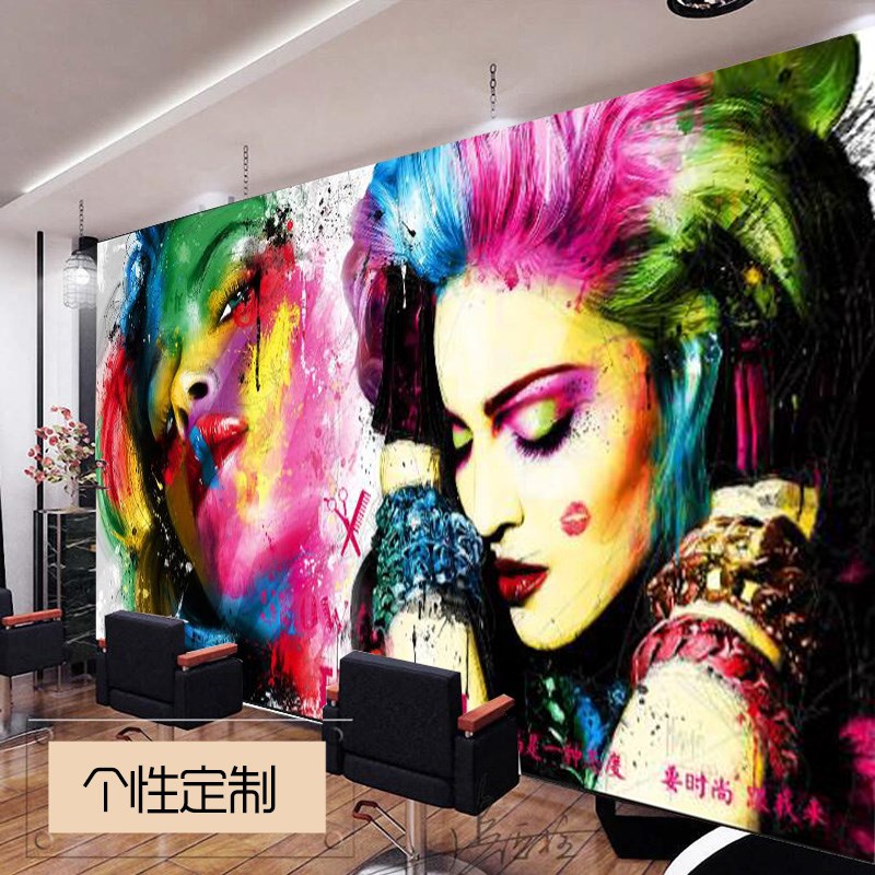 3D立体时尚发廊壁画美发美容院背D景墙纸个性涂鸦发廊理发店背景