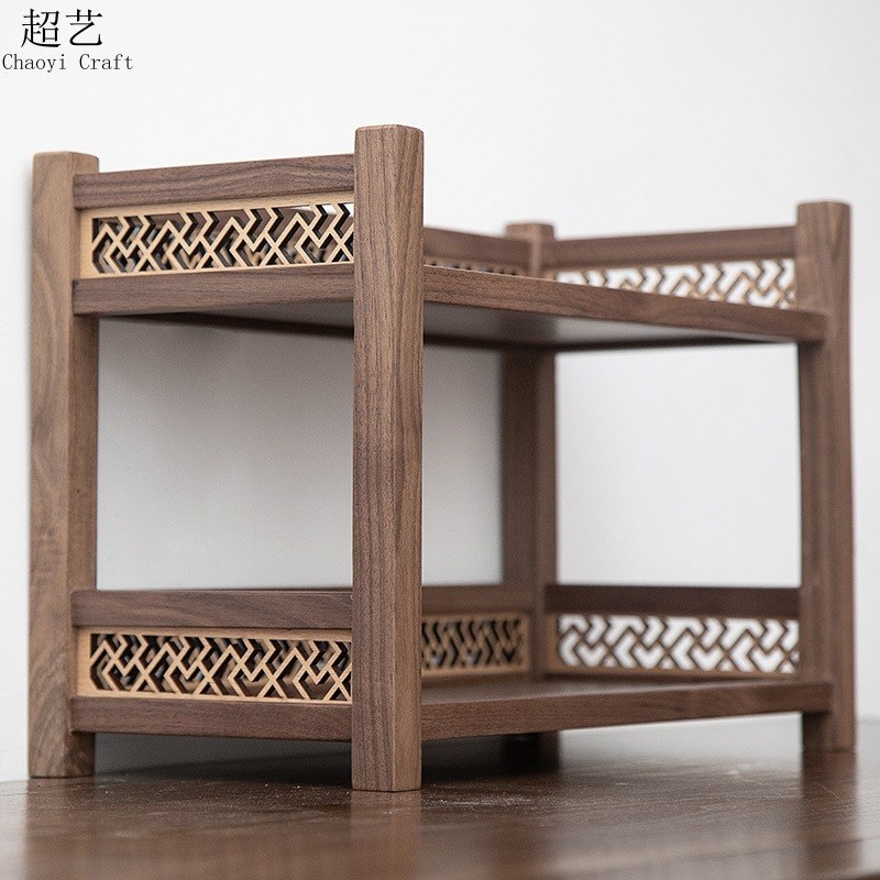 黑胡桃桌面置物架小型双层博古架实F木多宝阁茶壶摆件茶具展示架