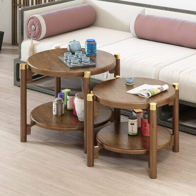 节洁雅中式古风茶几圆形茶台沙发边几角几客厅家用双层茶桌几双拼