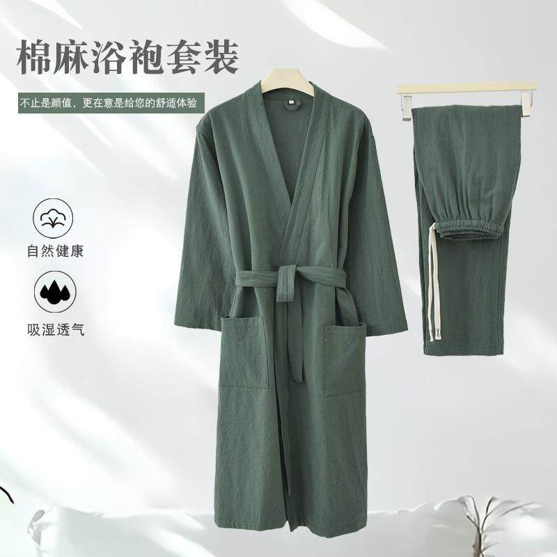 日式棉麻亚麻和服领睡袍浴袍套装裤子家居服睡衣吸水酒店浴衣情侣