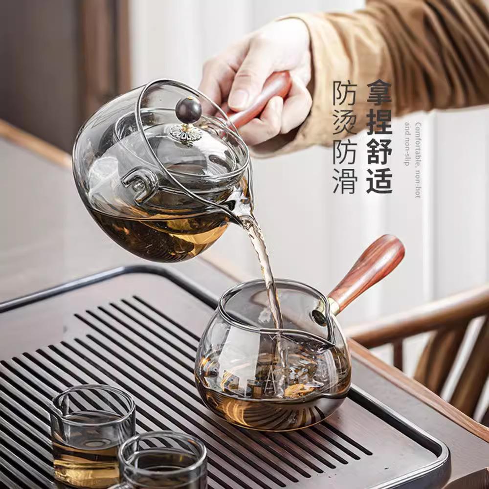 透黑色高硼硅玻璃壶逍遥壶旋转侧把壶泡茶壶懒人茶具茶水分离便携