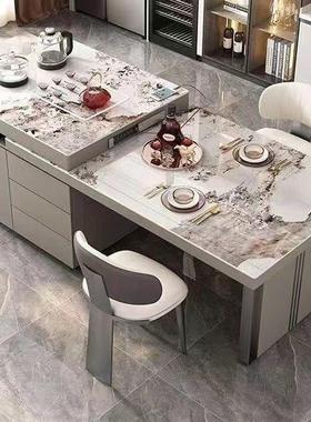 岛岛台餐桌组合一体伸缩轻奢板台在简约63502岩储物拉伸茶桌餐桌