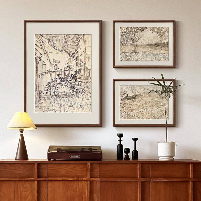 梵高素描风景画组合画法式复古艺术客厅装饰画中古风玄关斗柜挂画