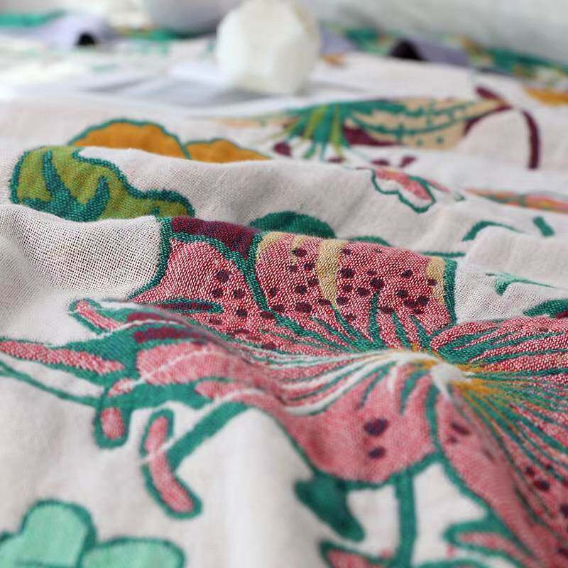 蝶恋花 纯棉多层纱布盖毯毛巾被床单床盖枕巾三件套沙发巾休闲毯