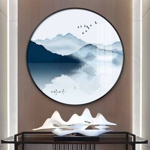 新中式入户玄关装饰画圆形新中式玄幻山水画挂画轻奢晶瓷壁画过道