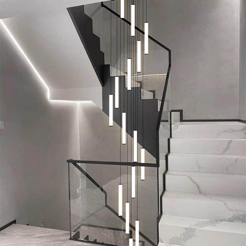 黑色楼梯灯长吊灯loft现代简约复式楼旋转超长光管楼梯间吊灯