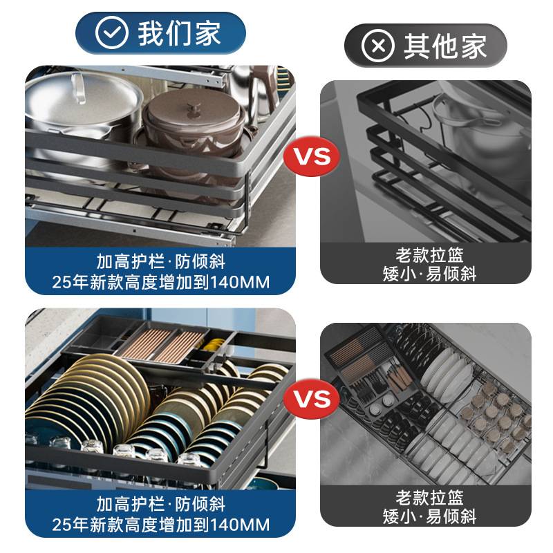 拉篮厨房橱柜抽屉式双层放装碗筷碟架304不锈钢拉篮调味收纳拉蓝