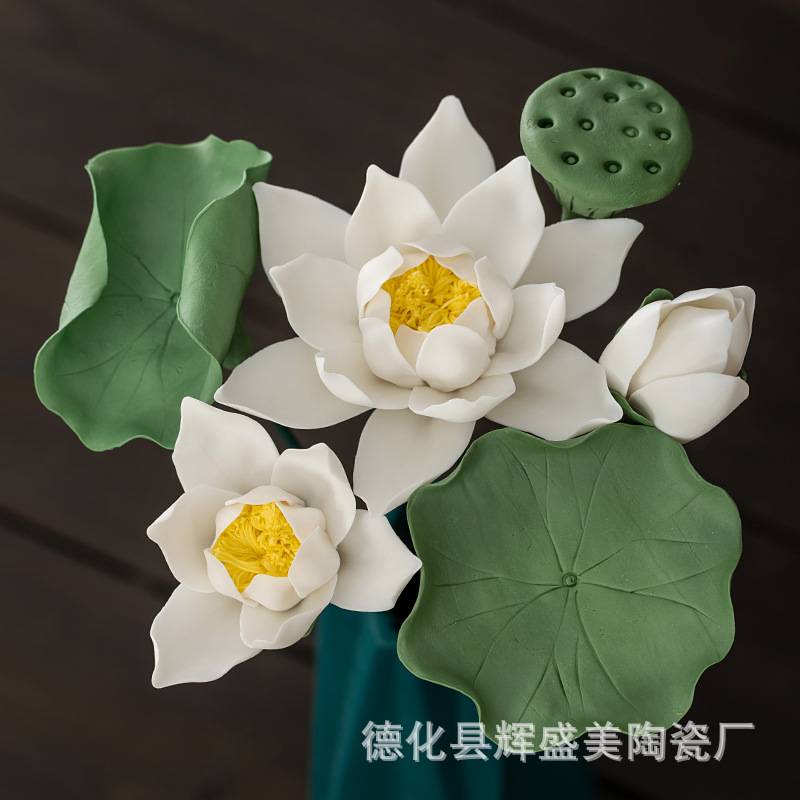 手工荷花假花摆设仿真花客厅餐桌装饰花插画花艺摆件家居复古禅意图片