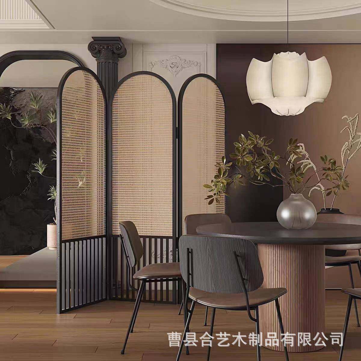 法式藤编屏风实木叠可折入移玄关8-29遮挡客厅装饰家用户简动约