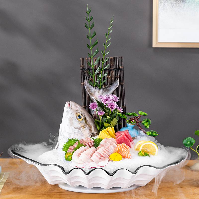 三文鱼刺身盘冰盘鱼生摆盘盘子海鲜鱼雕资造拼盘干冰餐具