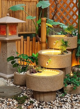 日式庭院流e水摆件室内入户外别墅花园循环水景观养鱼造景布置装