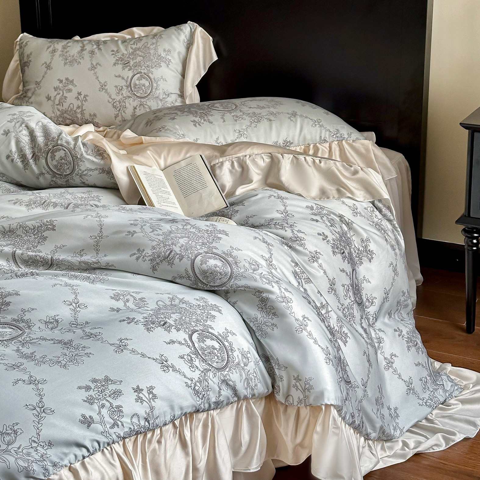 扶芷藤蔓法式复古夏季天丝印花四件套床K品凉感丝滑花边被套床