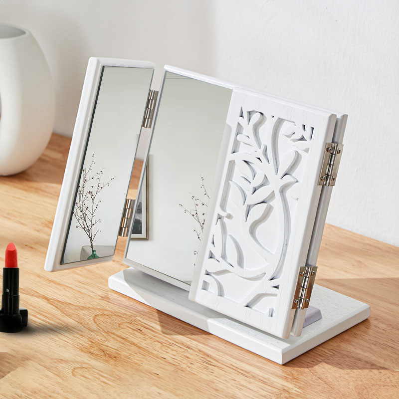 桌面化妆镜台式实木大号折叠梳妆C镜卧室梳妆台化妆镜子复古公主