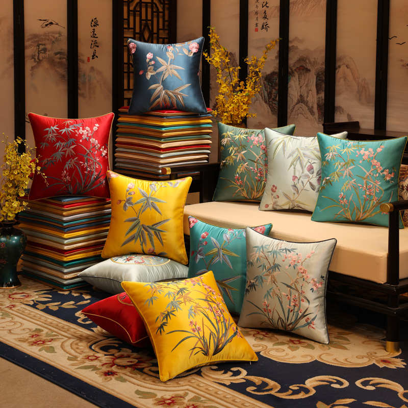 中式抱枕红木沙发靠枕腰枕v刺绣汽车腰靠枕办公室午睡枕抱枕含芯