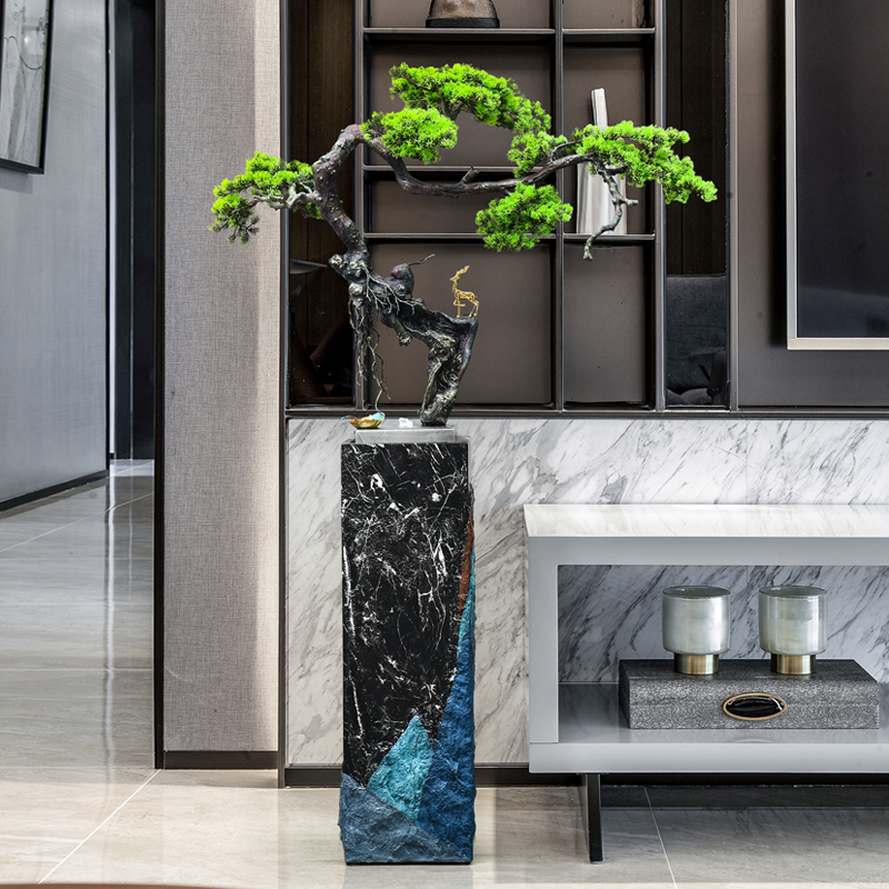 新中式轻奢玄关落地喷泉酒店客厅迎客松I办公室流水摆件现代循环