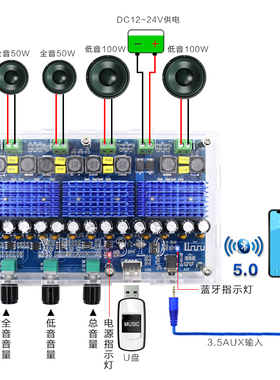 XH-A310 带调音TDA3116AD2数字功放板四声道双重低音双重立体声