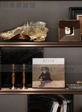 现代中古轻奢烛h台摆件样板间客厅柜大理石书档进口金属果盘装饰