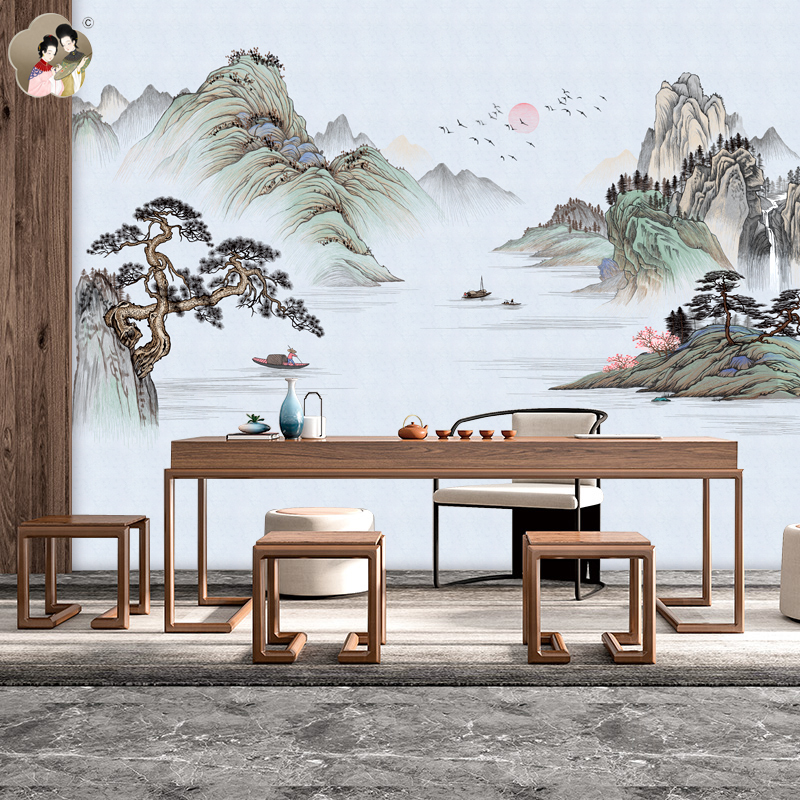 古典中式大气山水刺绣独绣墙布富春山居客L厅餐厅沙发电视背景壁