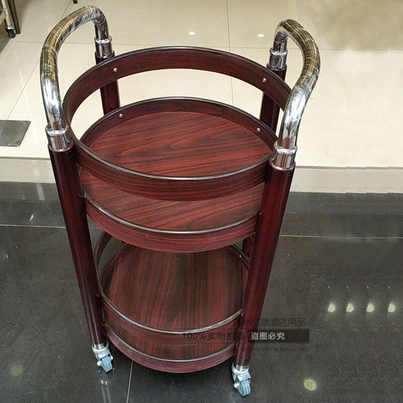 酒店餐厅茶水送餐车双层实木圆形酒水车蛋糕车4S店移动服务小推车