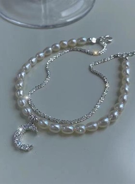 2024年新款双层叠戴精致月亮珍珠手链女潮网P红手饰夏天高级感手