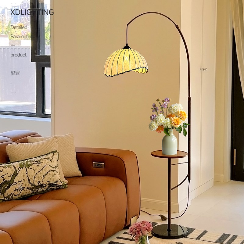 中古风落a地灯客厅沙发旁置物架一体立式高级感卧室床头氛围装饰