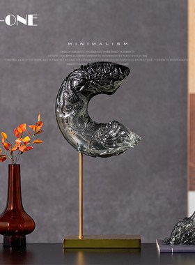 Rzone 新中式透明p水墨弯月龙摆件中古茶室禅意样板间软装饰品摆