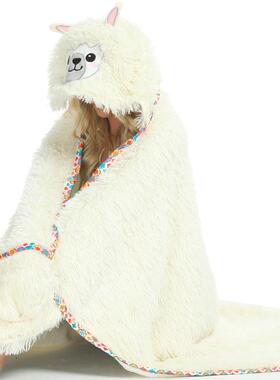 人冬季新款白色长毛羊驼披风保暖柔软连D51长毛休闲懒毯人毯帽子