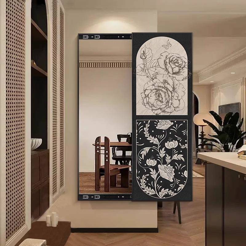 拉镜子画推镜隐藏式法花卉中古艺术玄关装饰BJY隐身式镜挂画穿衣